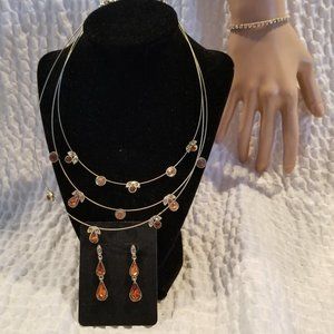 Lovely Gold/Amber/diamond 3 tier necklace with post earrings, diamond bracelet